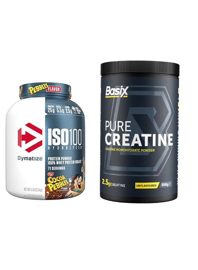 Dymatize Exclusive Bunde Offer - Iso100 Cocoa Pebbles 5Lb and Basix Pure Creatine Unflavored 500 Gm - Image 1